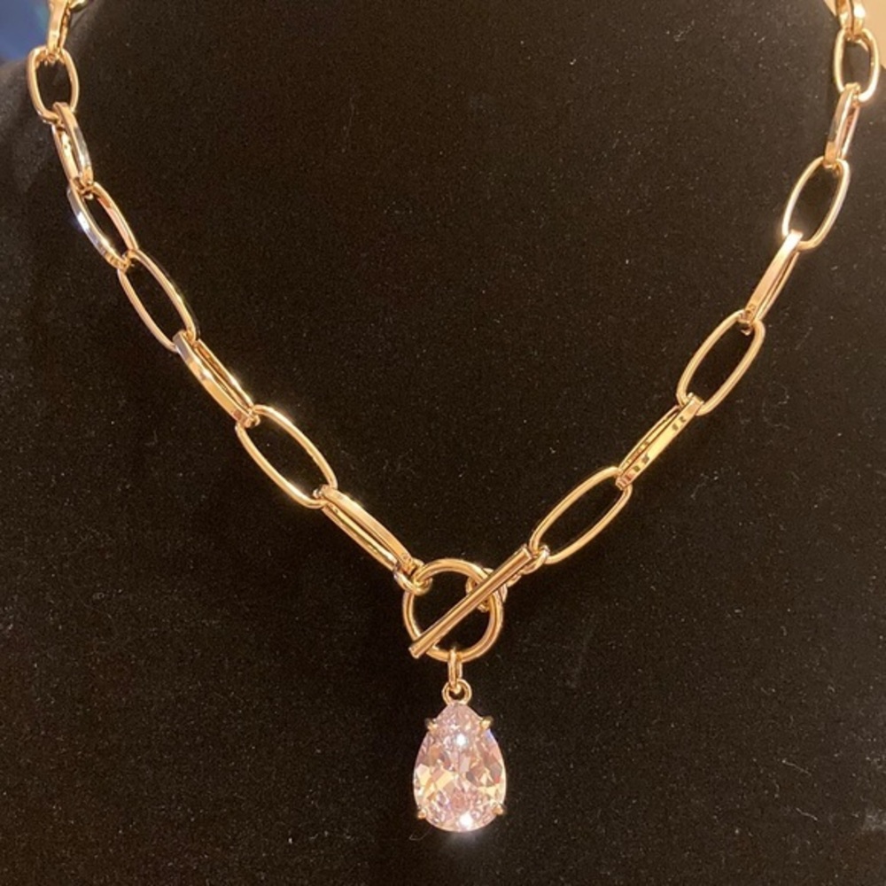 NWT Bella & Jack gold tone chain link large CZ pear shaped pendant necklace